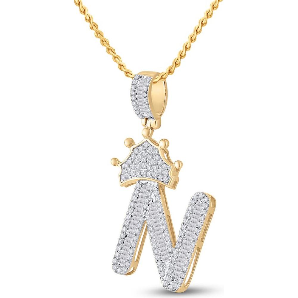 10K Yellow Gold Baguette Diamond Crown "N" Letter Pendant - 3/4 Carat Total Diamond Weight