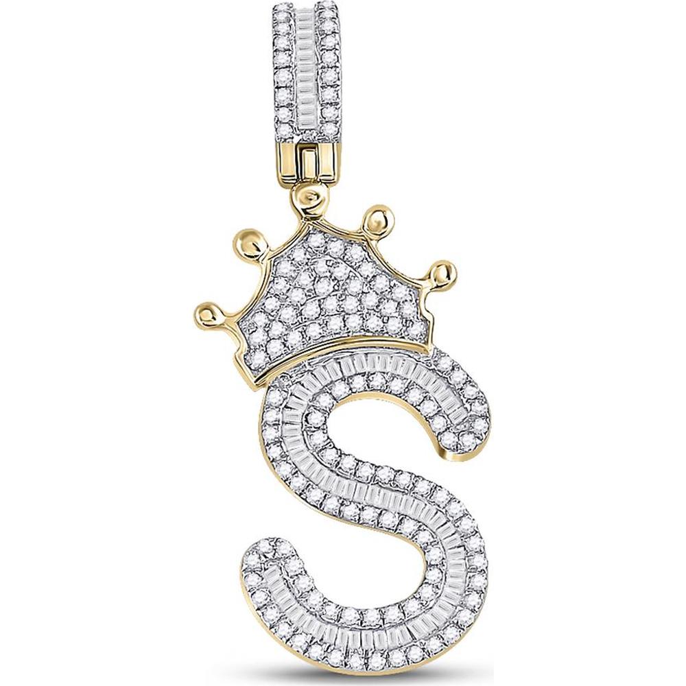 10K Yellow Gold Baguette Diamond Crown S Letter Pendant - 3/4 Carat Total Diamond Weight