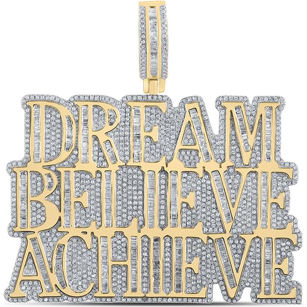 10K Yellow Gold Baguette Diamond Dream Believe Achieve Phrase Charm Pendant - 4.5 Carat Total Diamond Weight
