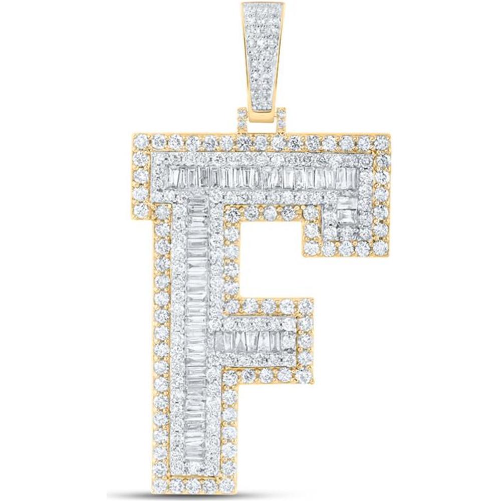 10K Yellow Gold Baguette Diamond F Initial Charm Pendant - 4.68 Carat Total Diamond Weight