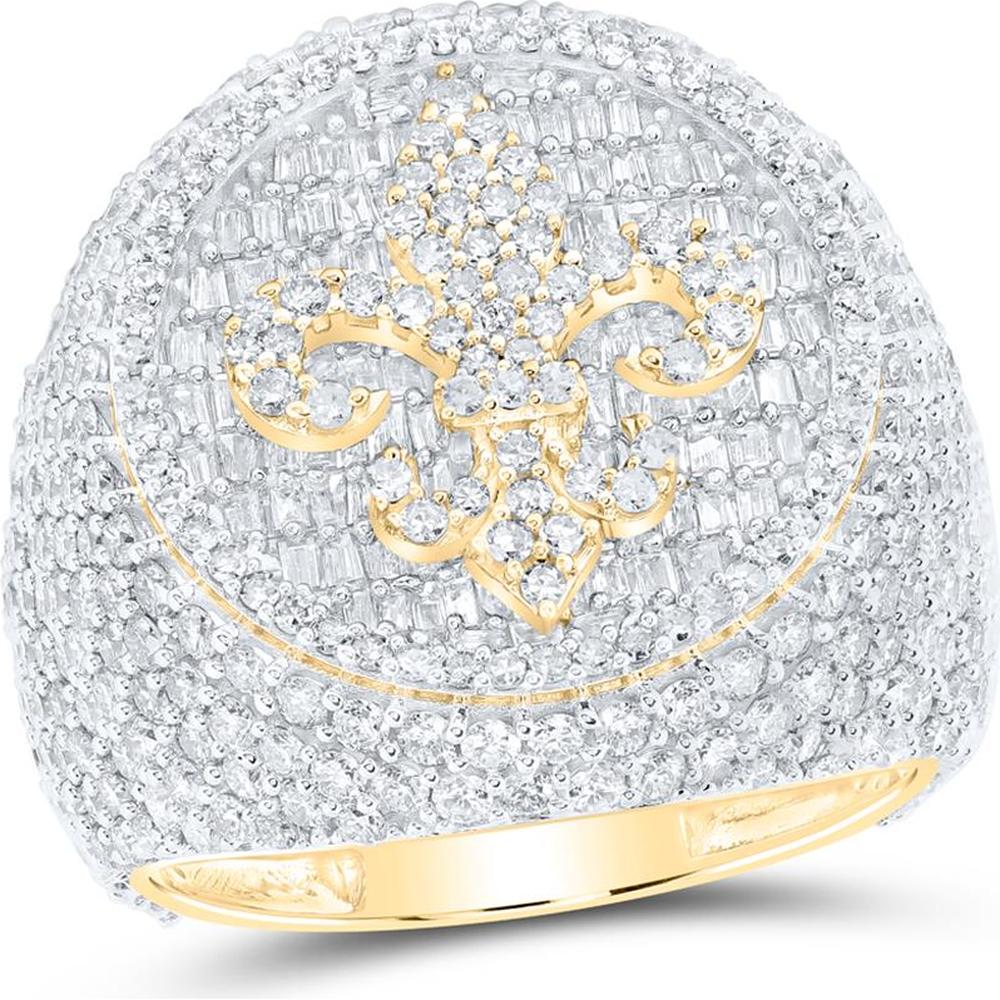 10K Yellow Gold Baguette Diamond Fleur De Lis Circle Ring - 5.75 Carat Total Diamond Weight