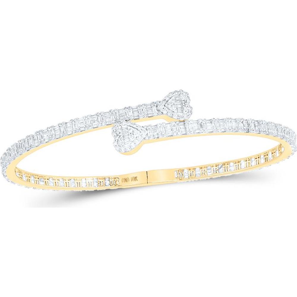 10K Yellow Gold Baguette Diamond Heart Cuff Bangle Bracelet - 2.625 Carat Total Diamond Weight