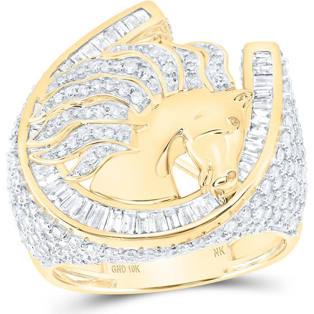 10K Yellow Gold Baguette Diamond Horseshoe Ring with Round Diamond Accents - 3.32 Carat Total Diamond Weight