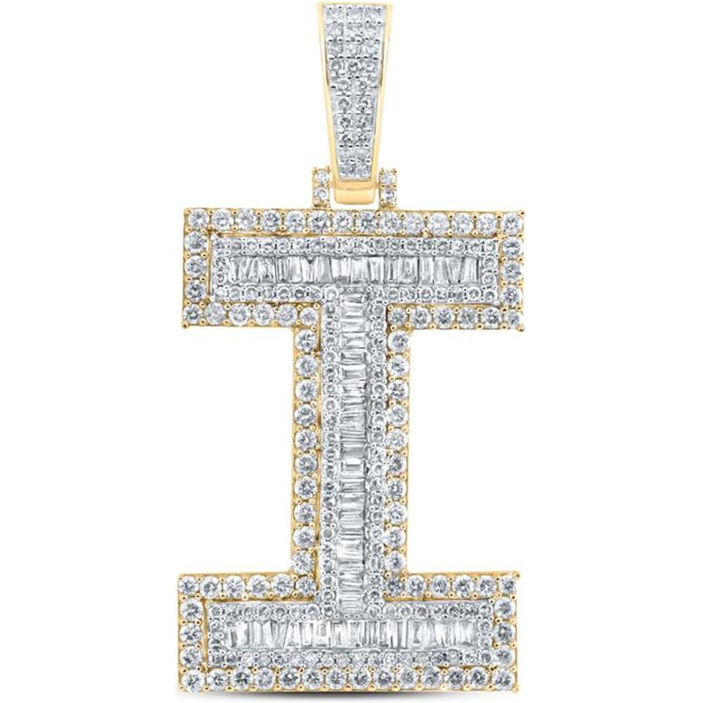 10K Yellow Gold Baguette Diamond "I" Initial Charm Pendant - 2.87 Carat Total Diamond Weight