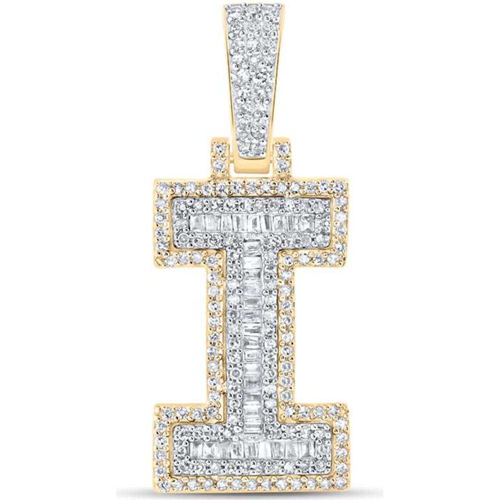 10K Yellow Gold Baguette Diamond "I" Initial Letter Charm Pendant - 1/2 Carat Total Diamond Weight