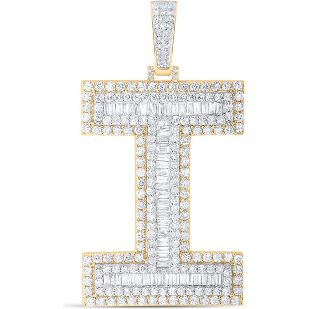 10K Yellow Gold Baguette Diamond "I" Initial Letter Charm Pendant - 5.00 Carat Total Diamond Weight