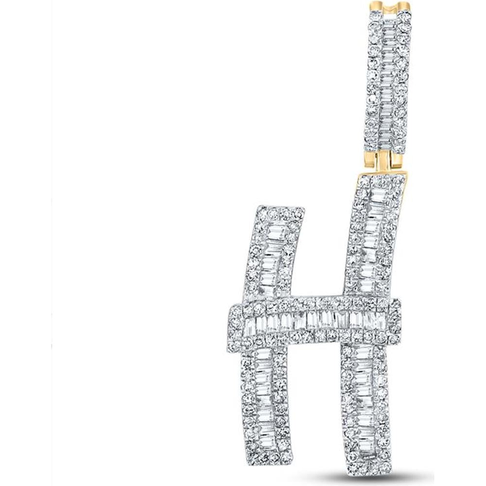 10K Yellow Gold Baguette Diamond Initial H Letter Charm Pendant - 7/8 Carat Total Diamond Weight