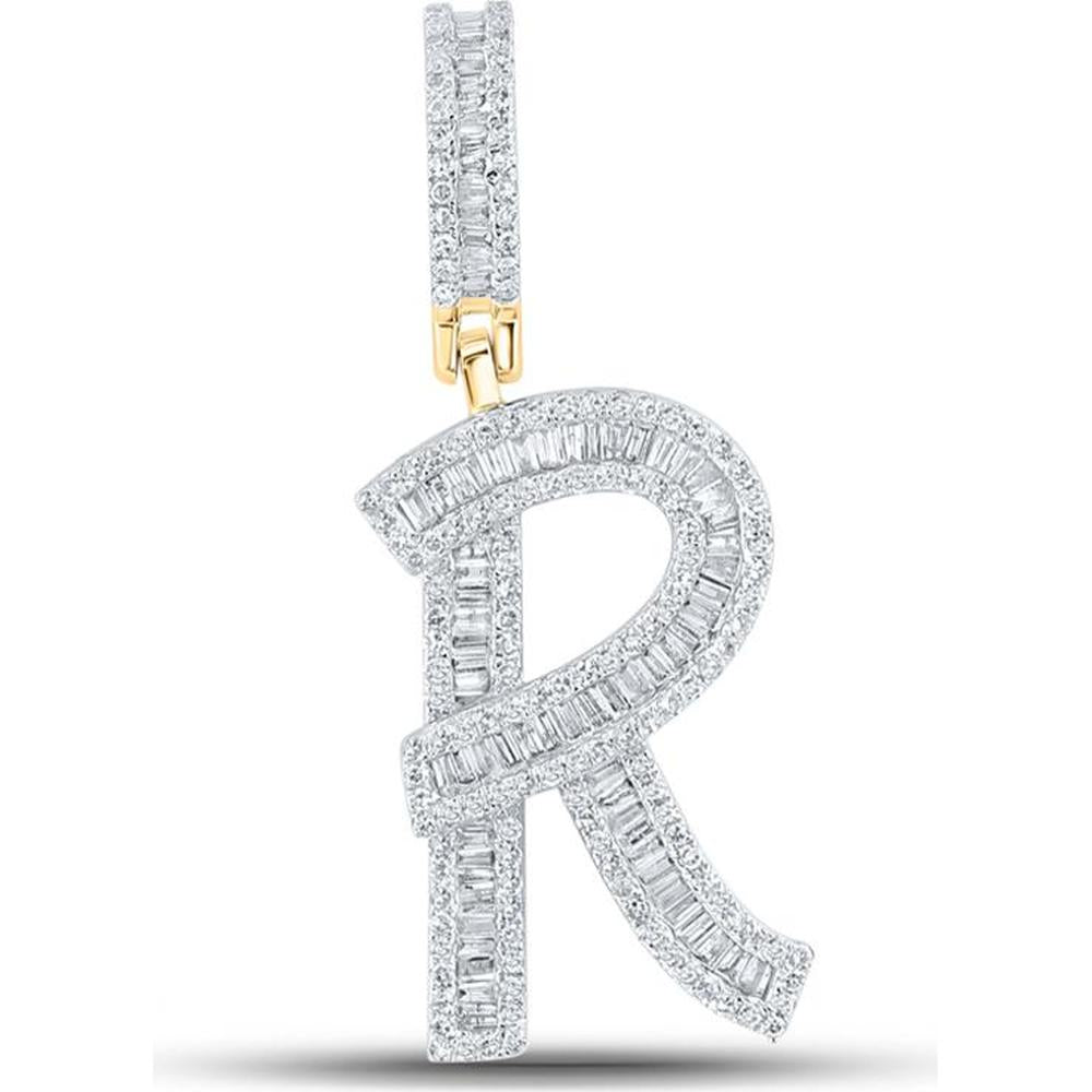 10K Yellow Gold Baguette Diamond Initial R Charm Pendant - 7/8 Carat Total Diamond Weight