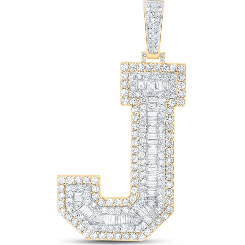 10K Yellow Gold Baguette Diamond J Initial Letter Pendant with 4.2 Carat Total Diamond Weight