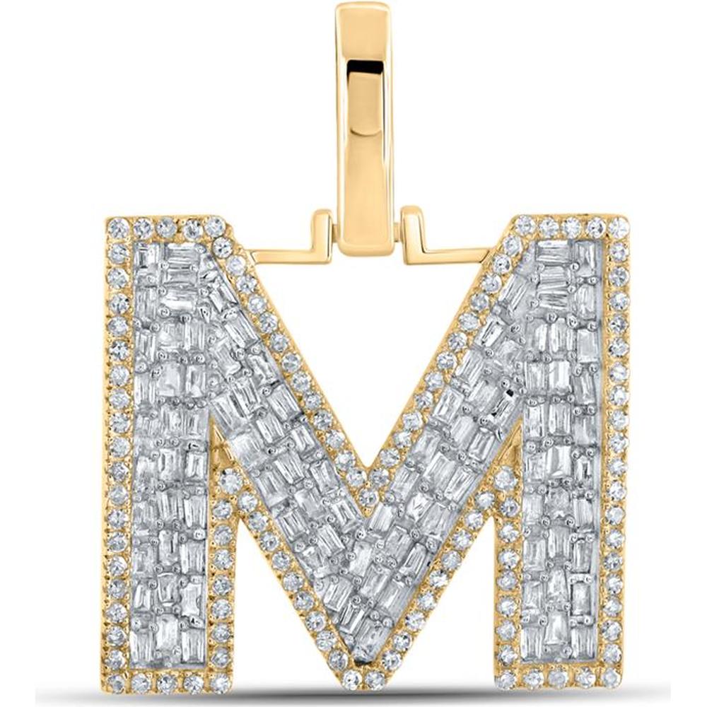 10K Yellow Gold Baguette Diamond "M" Initial Pendant with Round Pave-Set Diamonds - 3/4 Carat Total Diamond Weight