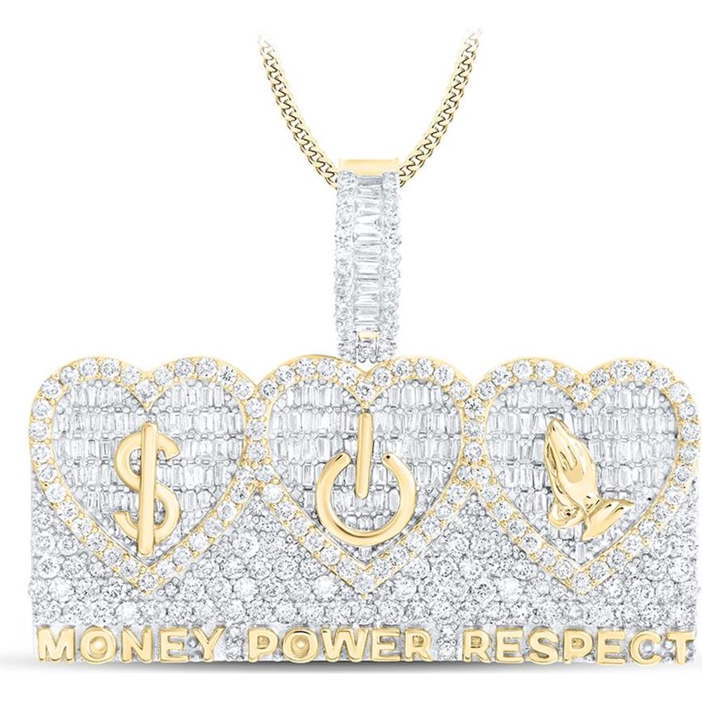 10K Yellow Gold Baguette Diamond Money Power Respect Phrase Charm Pendant - 3.38 Carat Total Diamond Weight