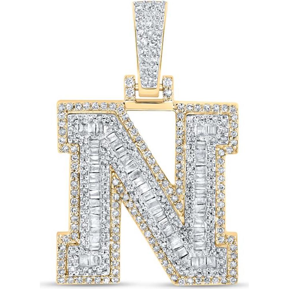 10K Yellow Gold Baguette Diamond "N" Initial Charm Pendant - 3/4 Carat Total Diamond Weight