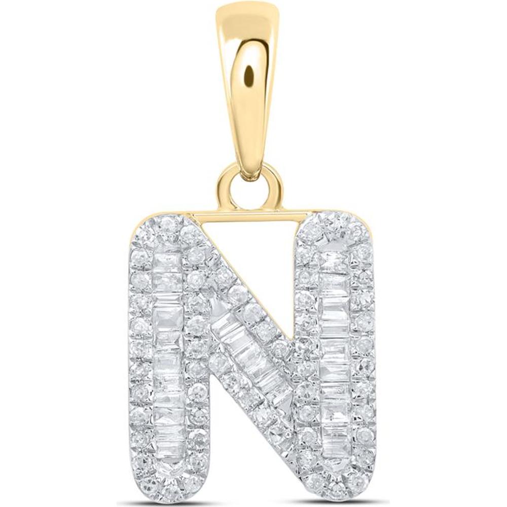 10K Yellow Gold Baguette Diamond "N" Initial Pendant with Round Pave-Set Diamonds - 1/3 Carat Total Diamond Weight