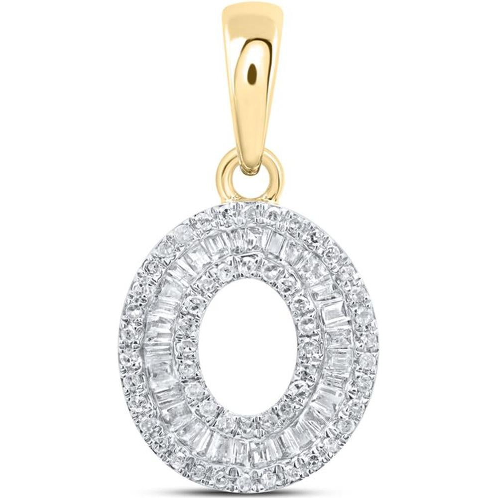 10K Yellow Gold Baguette Diamond "O" Initial Pendant with Round Diamond Halo - 1/3 Carat Total Diamond Weight