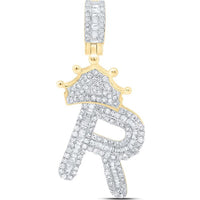 10K Yellow Gold Baguette Diamond "R" Crown Charm Pendant with Round Diamonds - 3/4 Carat Total Diamond Weight