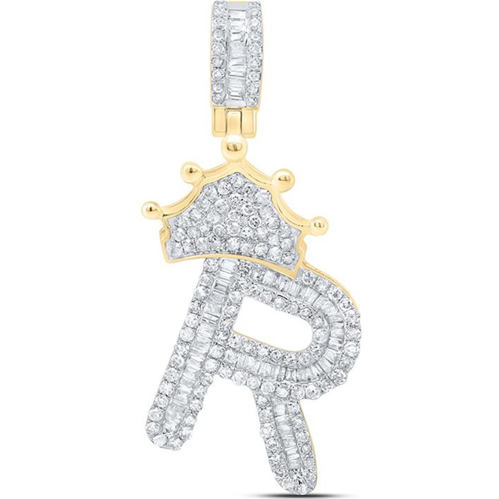 10K Yellow Gold Baguette Diamond "R" Crown Charm Pendant with Round Diamonds - 3/4 Carat Total Diamond Weight