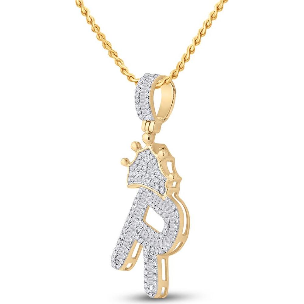 10K Yellow Gold Baguette Diamond "R" Crown Charm Pendant with Round Diamonds - 3/4 Carat Total Diamond Weight