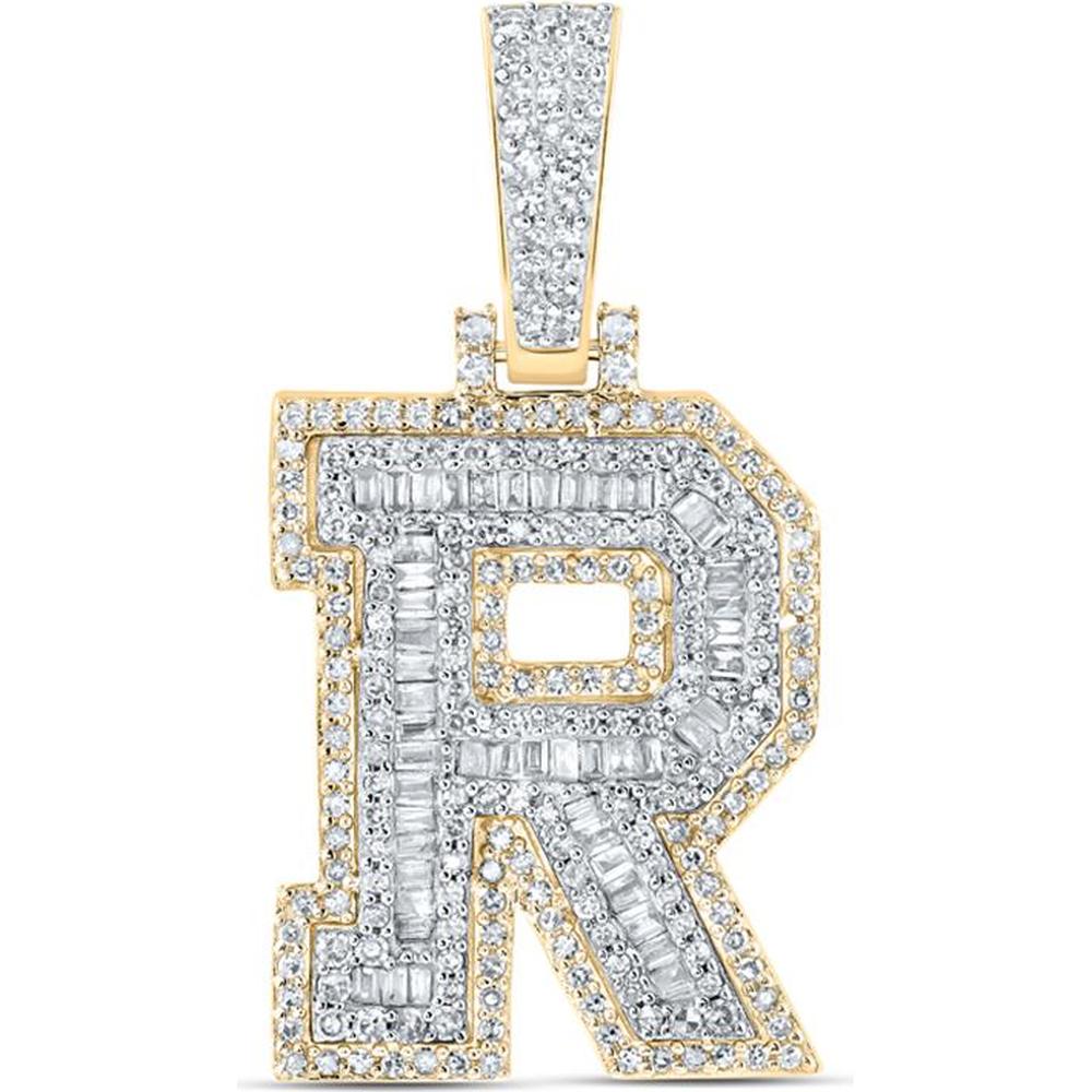 10K Yellow Gold Baguette Diamond "R" Initial Charm Pendant - 5/8 Carat Total Diamond Weight