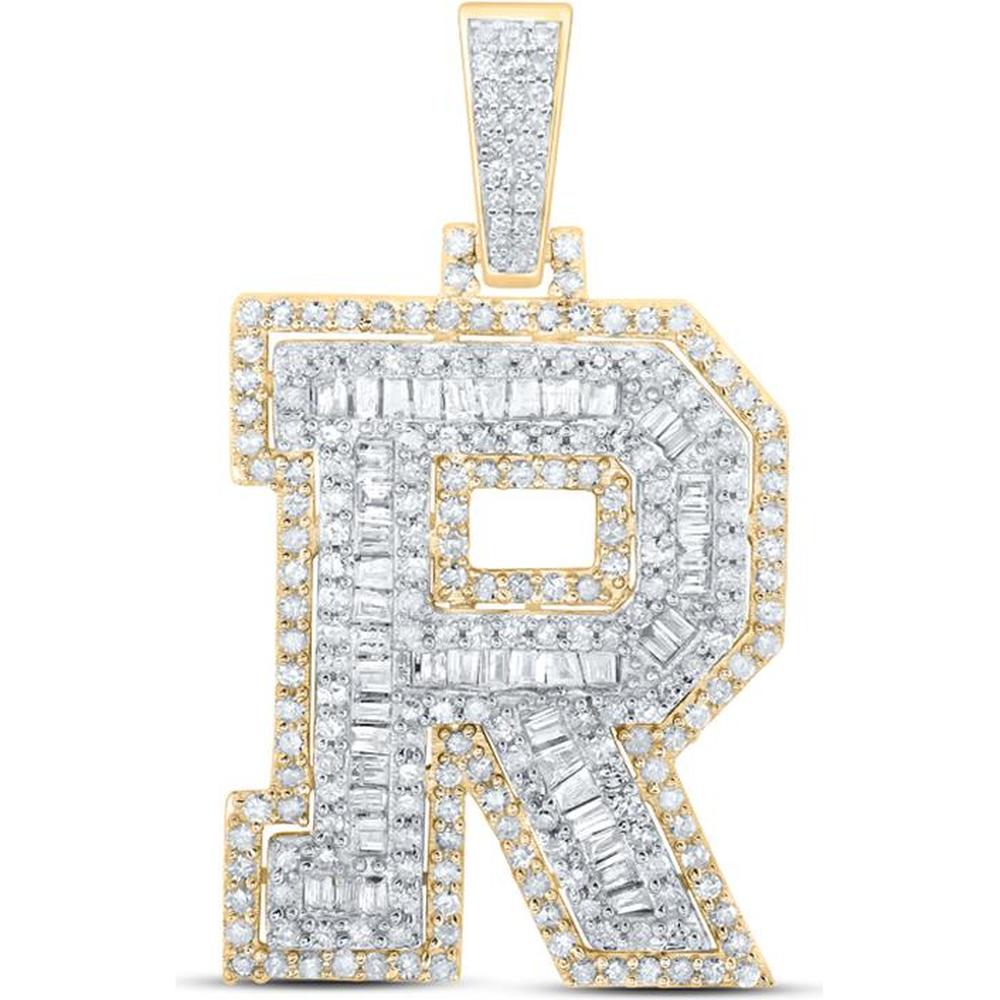 10K Yellow Gold Baguette Diamond "R" Initial Pendant Charm - 7/8 Carat Total Diamond Weight