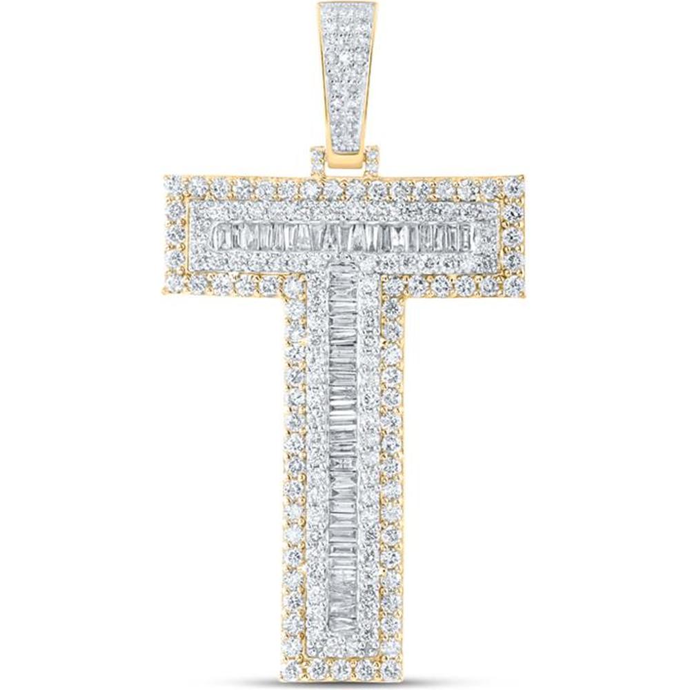 10K Yellow Gold Baguette Diamond T Initial Charm Pendant - 4.00 Carat Total Diamond Weight