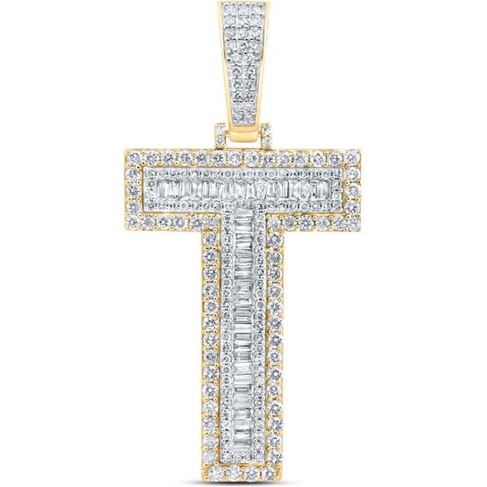 10K Yellow Gold Baguette Diamond T Initial Letter Charm Pendant - 2 Carat Total Diamond Weight
