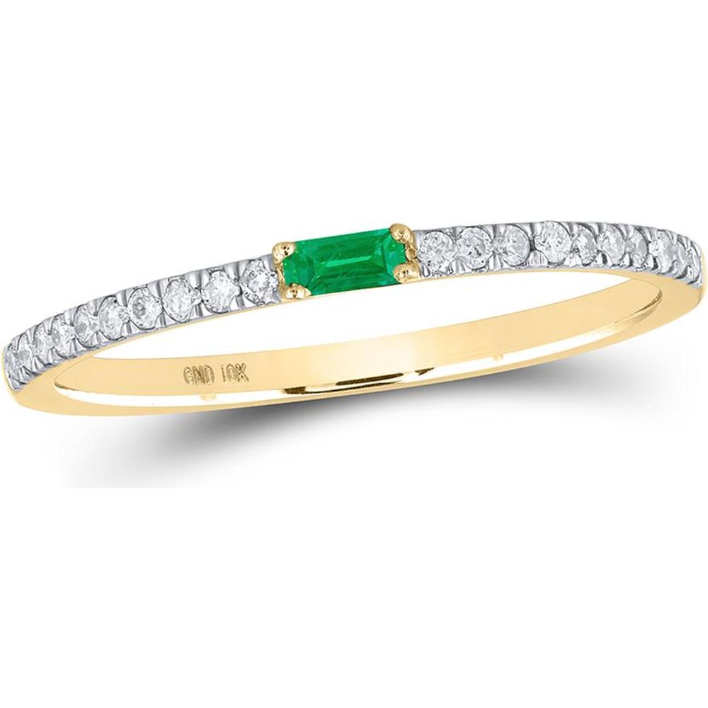 10K Yellow Gold Band Ring with Baguette-Cut Emerald and Round Diamonds - 0.18 Carat Total Gemstone Weight