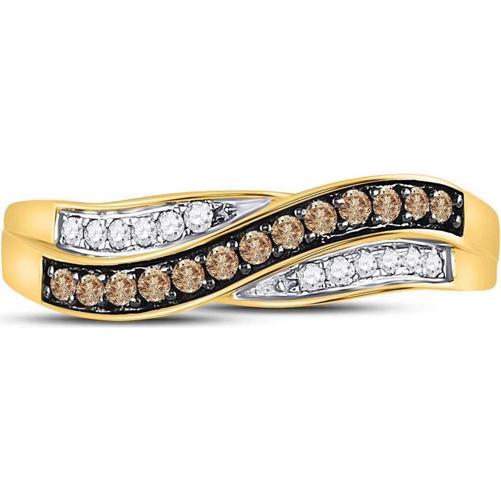 10K Yellow Gold Band Ring with Round Brown and White Pave-Set Diamonds - 0.25 Carat Total Diamond Weight
