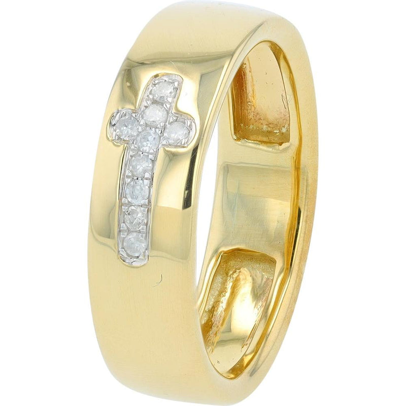 10K Yellow Gold Band with Pave-Set Diamond Cross - 0.10 Carats Total Diamond Weight