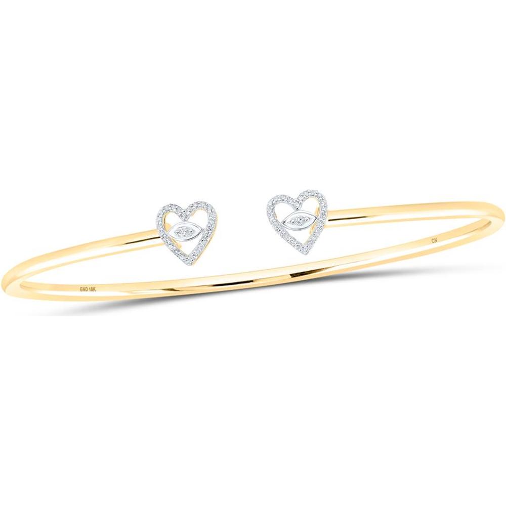 10K Yellow Gold Bangle Bracelet with Open Hearts and Round Prong-Set Diamonds - 0.10 Carat Total Diamond Weight