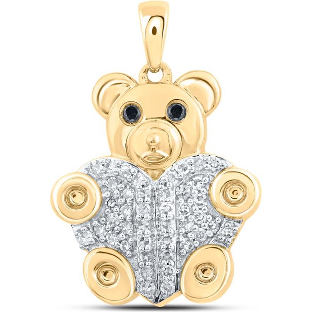 10K Yellow Gold Bear Pendant with Round Black and White Diamonds - 1/5 Carat Total Diamond Weight