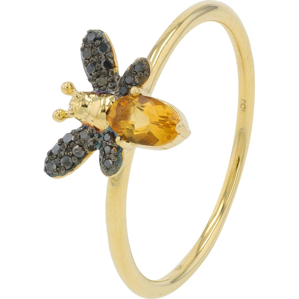 10K Yellow Gold Bee Motif Ring with Oval Citrine and Pavé Black Diamond Wings - 0.26 Carat Citrine and 0.05 Carat Total Diamond Weight