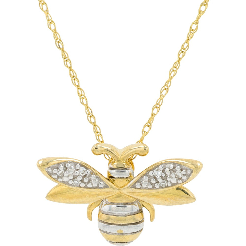 10K Yellow Gold Bee Pendant Necklace with Pavé Set Round Diamonds - 0.02 Carat Total Diamond Weight