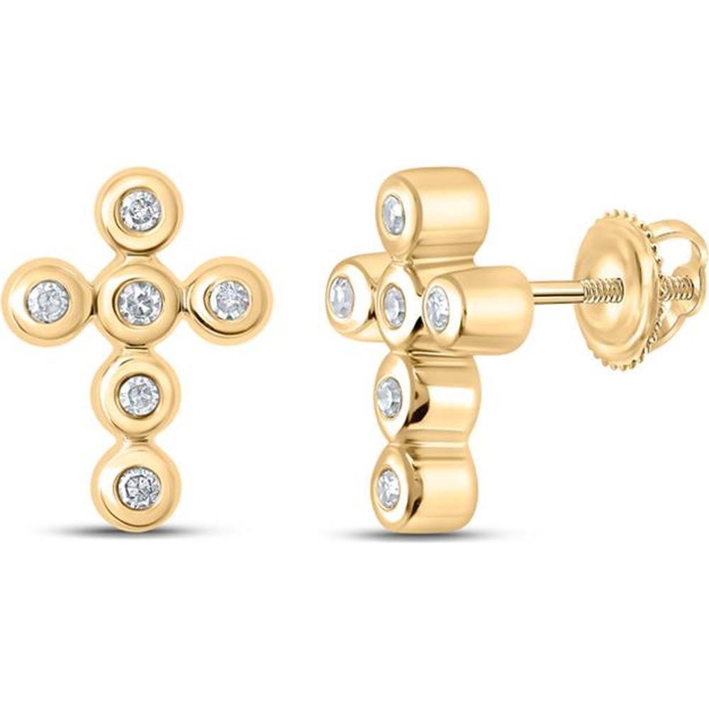 10K Yellow Gold Bezel-Set Diamond Cross Stud Earrings with Round Diamonds - 1/10 Carat Total Diamond Weight