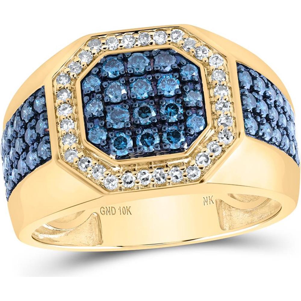 10K Yellow Gold Blue Diamond Octagon Ring with Round Diamonds - 1.18 Carat Total Diamond Weight