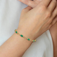 10K Yellow Gold Bracelet with Oval Emeralds and Diamonds - 7.25 in Length by Oro Pregiato