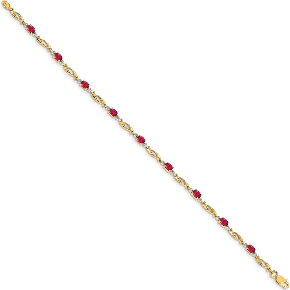 10K Yellow Gold Bracelet with Oval Rubies and Diamonds - 7.25" Length by Oro Pregiato