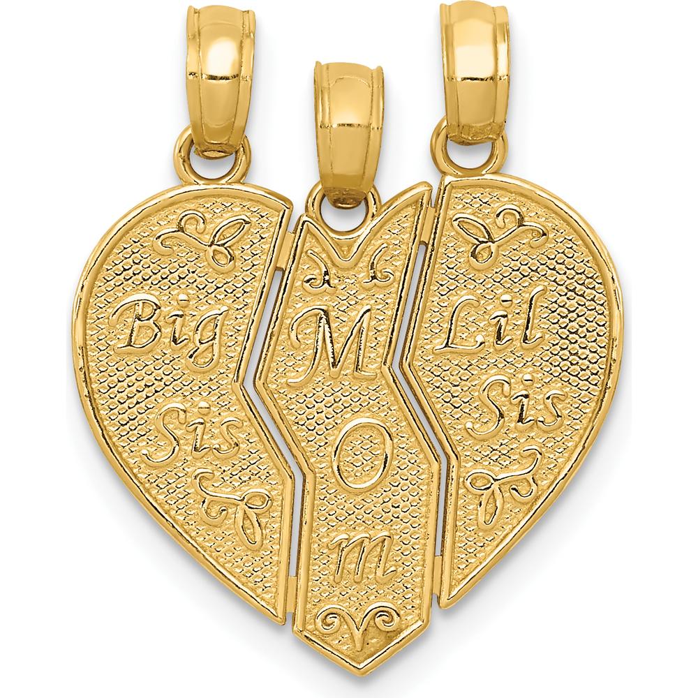 10K Yellow Gold Break-Apart "Big Sis, MOM, Lil Sis" Textured Charm Pendant