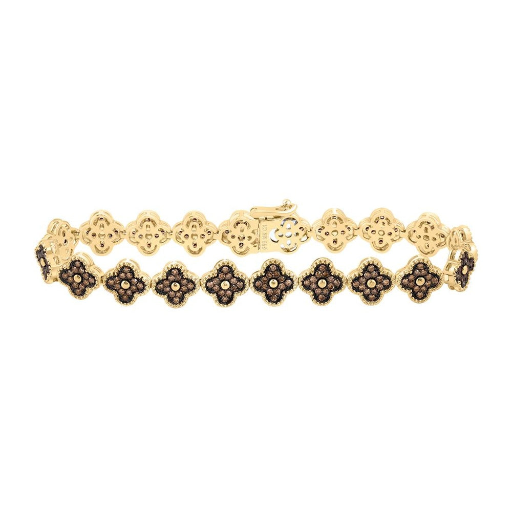 10K Yellow Gold Brown and White Diamond Clover 7-Inch Bracelet - 1 1/2 Carat Total Diamond Weight