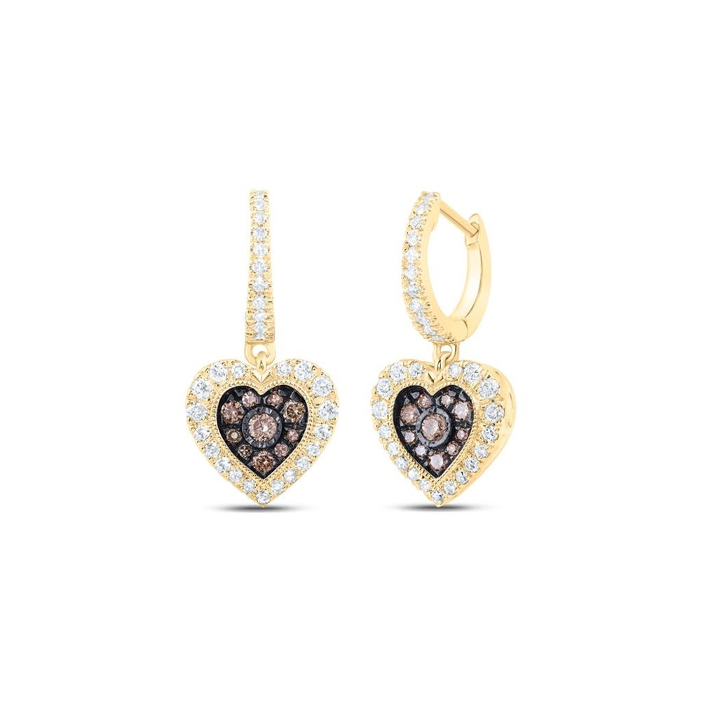 10K Yellow Gold Brown and White Diamond Heart Earrings - 5/8 Carat Total Diamond Weight