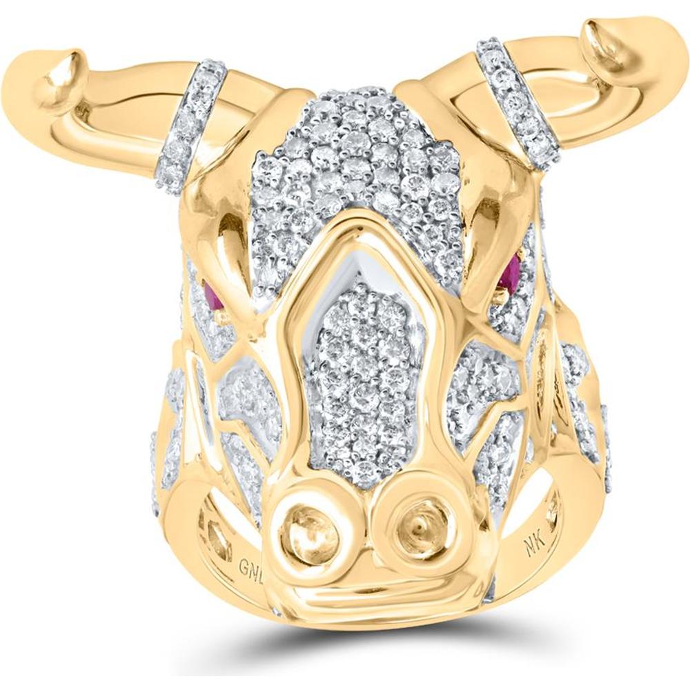 10K Yellow Gold Bull Animal Ring with Round Rubies and Diamonds - 3.5 Carat Total Gemstone Weight