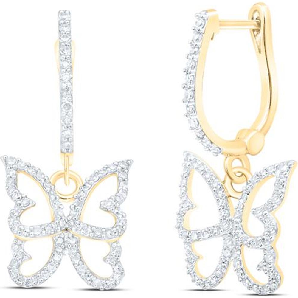 10K Yellow Gold Butterfly Dangle Earrings with Round Diamonds - 3/8 Carat Total Diamond Weight
