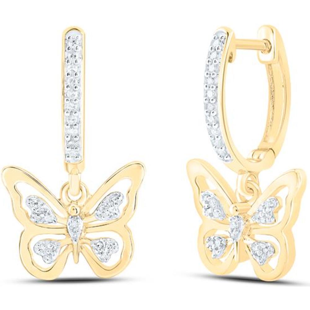 10K Yellow Gold Butterfly Hoop Earrings with Round Diamonds - 1/6 Carat Total Diamond Weight