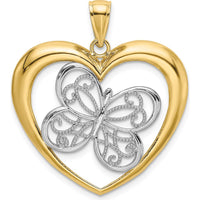 10K Yellow Gold Butterfly in Heart Pendant with Rhodium Detail