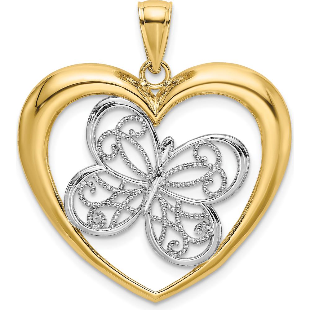 10K Yellow Gold Butterfly in Heart Pendant with Rhodium Detail