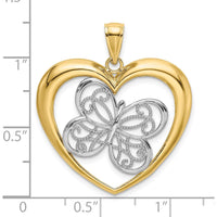 10K Yellow Gold Butterfly in Heart Pendant with Rhodium Detail