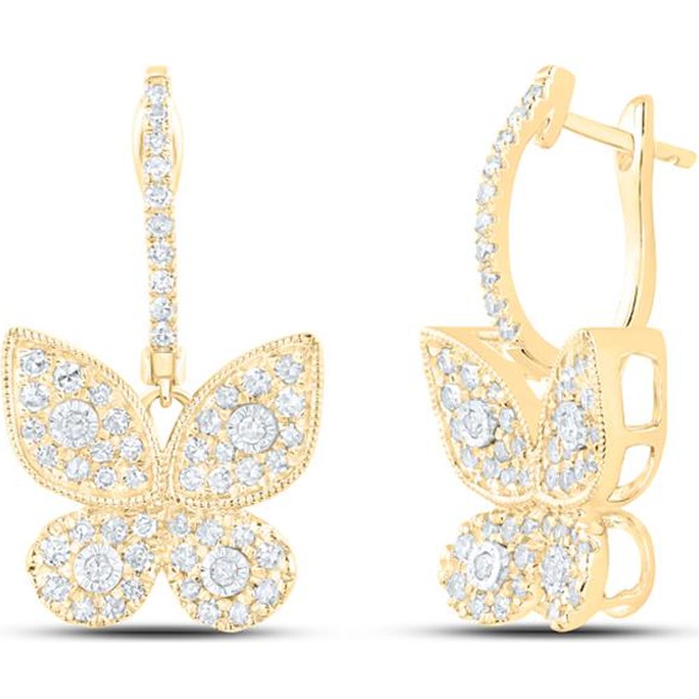 10K Yellow Gold Butterfly Motif Drop Earrings with Prong-Set Round Diamonds - 0.63 Carat Total Diamond Weight