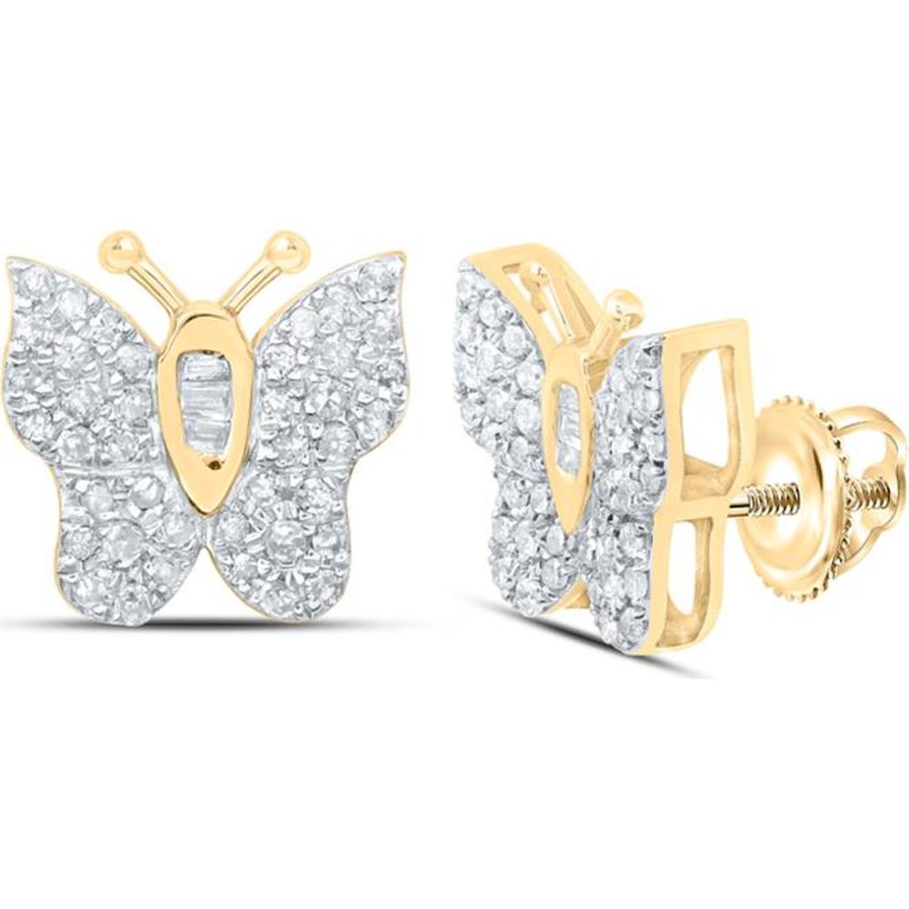 10K Yellow Gold Butterfly Stud Earrings with Channel-Set Baguette & Pavé Round Diamonds - 0.25 Carat Total Diamond Weight (Screw Backs)