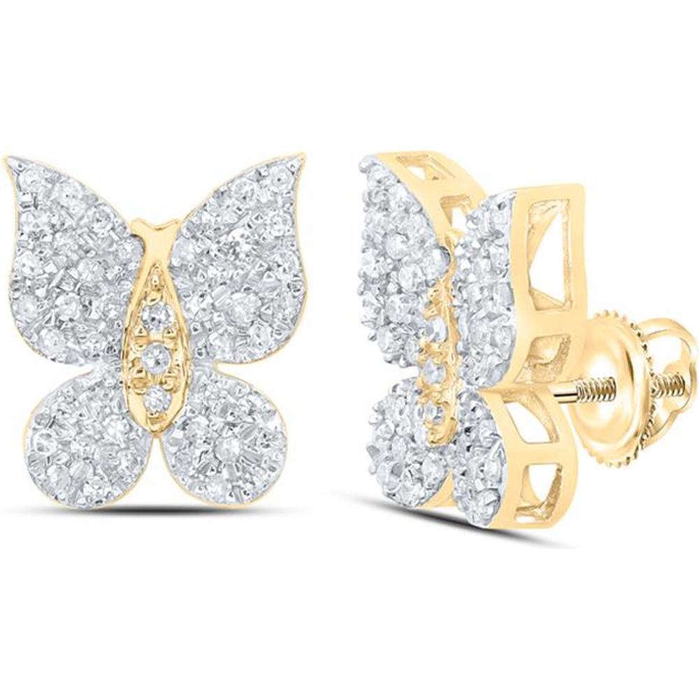10K Yellow Gold Butterfly Stud Earrings with Pave-Set Round Diamonds - 0.27 Carat Total Diamond Weight