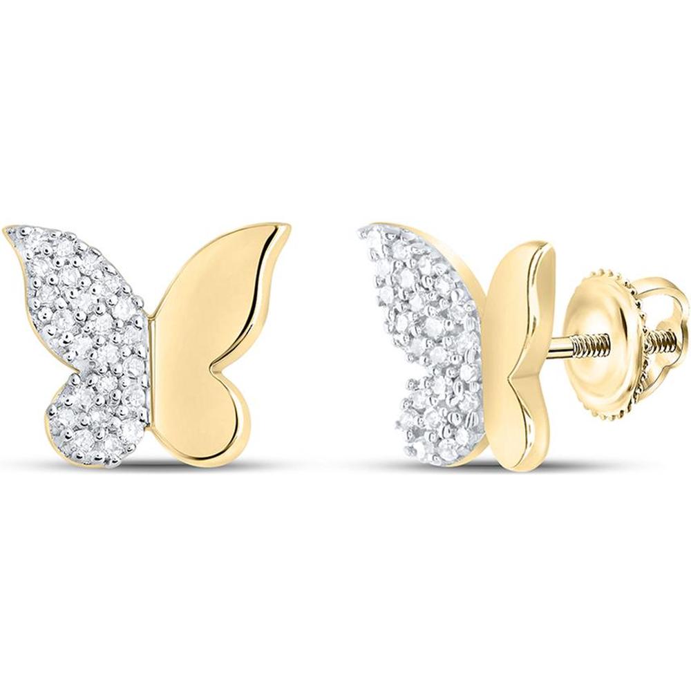 10K Yellow Gold Butterfly Stud Earrings with Prong-Set Round Diamonds - 1/8 Carat Total Diamond Weight