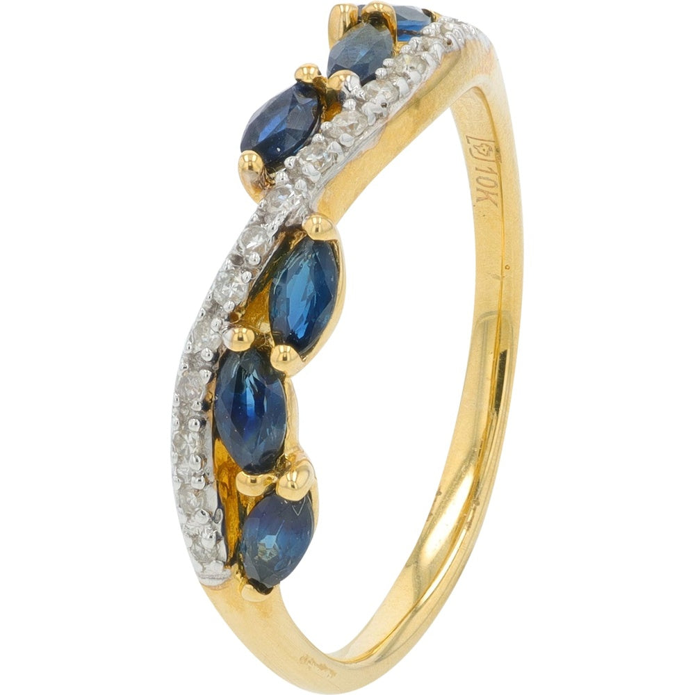 10K Yellow Gold Bypass Band with Marquise Cut Sapphires and Pavé Set Diamonds - 0.60 Carat Total Sapphire Weight and 0.08 Carat Total Diamond Weight